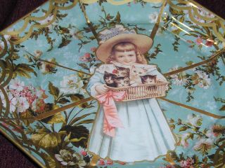 victorian GIRL kitten BASKET ceramic ENAMEL dish DECOUPAGE art GLASS 