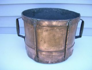 Large Antique Copper Ferrat Drum Pot Pan Kettle with Tinned Interior 