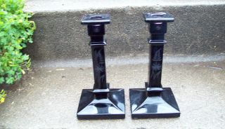 ANTIQUE PAIR OF BLACK AMETHYST GLASS ART DECO CANDLE STICK HOLDERS CUT 
