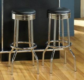   of 2 Coaster Cleveland Chrome Plated Soda Fountain Bar Stool in Black