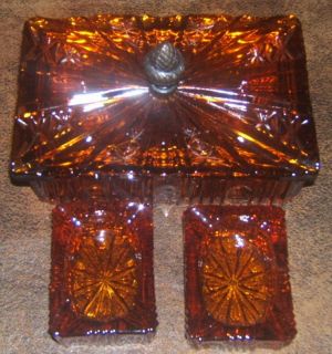 Antique Depression Amber Crystal Glass Ashtray & Cigarette Holder Box 