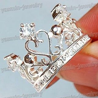 Charm Solid Sterling Silver CZ Stone Ladys Crown Ring R001 Size 8