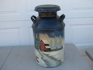 Antique / Primitive 5 Gal. Milk Can, Painted Barn Scene Good Cond.