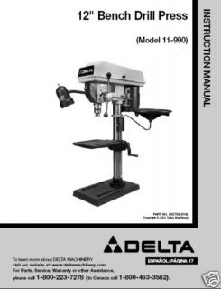 Delta 12 Drill Press Instruction Manual #11 990