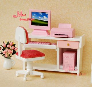 Dollhouse Miniature Pink Desk Computer Print Chair Set