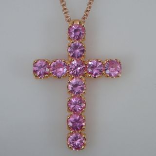 Fine Pink Sapphire Cross Pendant 18K Rose Gold 16 Inch Cable Chain