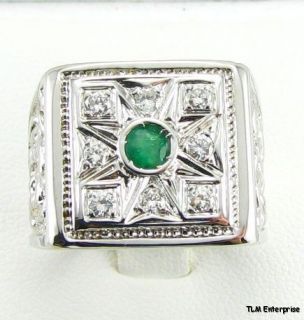 Emerald & Diamond Ring  14k White Gold .62 Ctw Mens Fashion Modern 