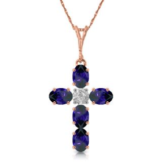   Natural Blue Sapphires Genuine Diamond Cross Pendant on Chain Necklace