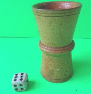 ANTIQUE WAISTED SHAPE WOODEN GAME DICE SHAKER, 1 SATIN GLASS DICE