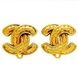 Authentic vintage Chanel earrings quilted CC logo double C gold COCO # 