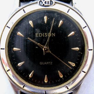 EDISON Womens Mens Unisex BLACK DIAL GOLD Wristwatch WATCH Leather 
