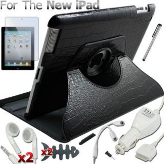   Bundle 360 Rotating Leather Case Cover Car Charger For New iPad 3 2