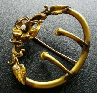 Victorian antique brooch pin seed pearl gold filled flower leaf 