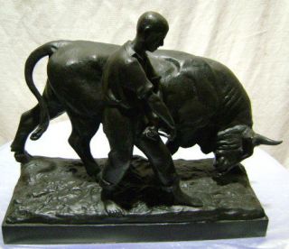   bronze young man and bull late 19th century signed garlet barbedienne