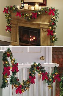 Ft. Lighted Christmas Jingle Bells Faux Greenery Red Bows Garland