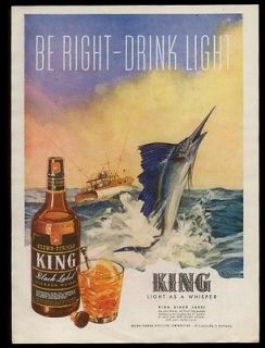 1944 GREAT leaping sailfish & fishing boat art King Black Label Whisky 