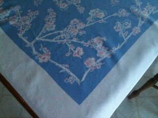 45 X 52 Vintage Blue & Pink Floral Linen Tablecloth #114