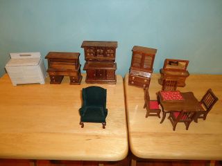 Vintage 12 piece Doll House Furniture Lot Roll Top Desk Table & Chairs 
