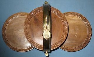 VINTAGE FOLD UP MUFFIN TRAY HOLDER WOOD CARVED w/BRASS FINISH BASE 