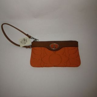 Fossil Key Per Quilted Wristlet Purse Medium Orange With Brown Leather 