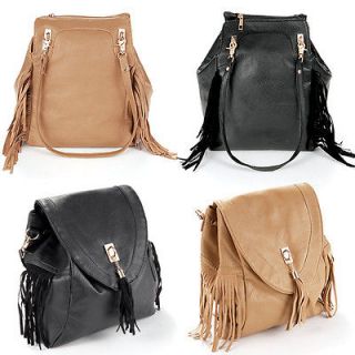   Leather women shoulder bag backpack 2 in 1 fringe tassel brown black