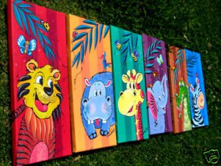 Set of 6 Prints on Canvas Jungle Animals Wall Art Childrens Room 
