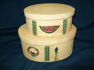 Set of 2 oval Primitive Country NESTING Stackable BOXES