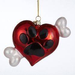 Kurt Adler Noble Gems Glass Heart with Paw Print and Dog Bone Ornament