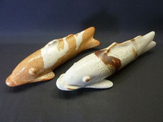 110217 Japanese Shino ceramic Koi carp pair statue by Mizuno Shuzan