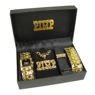 Gold Watch RING CHAIN necklace KIT PIMP 1980s Old SChool RAPPER 