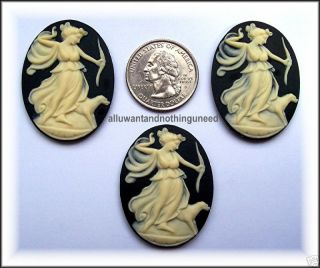   color GODDESS DIANA & DOG on BLACK 40mm x 30mm Costume Jewelry CAMEOS