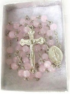 Rose Pink Glass Beaded Chain Rosary Miraculous Medal Necklace 28