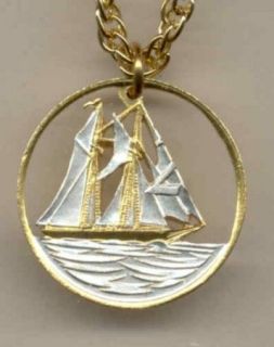 Gold/Silver Coin Necklace, Cayman Islands 25 Cent Sailboat