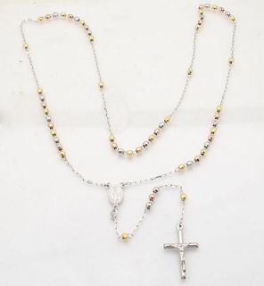   FACETED ROSARY CHAIN NECKLACE CROSS 14K Yellow Rose Gold Clad Silver