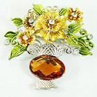   Flower Vase Silver Plated Oval Faceted Gemstone Brooch Pin Jewelry