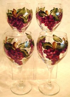 SET OF 4 HAND PAINTED GRAPE WINE GLASSES 20oz glass