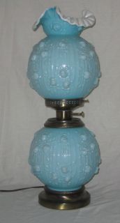   Blue Overlay Milk Glass Cabbage Rose Gone With The Wind Lamp GWTW