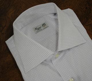 FINAMORE NAPOLI Lavendar Graph Checkered Dress Shirt, Size 17.5, 37