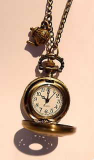   in Wonderland Teapot Clock Necklace Vintage Jewellery Teatime Jewelry