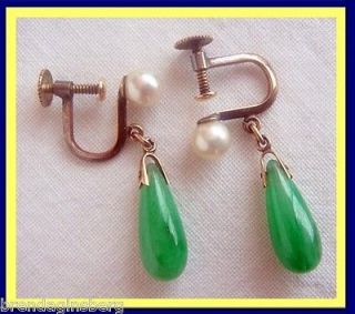 Antique Art Deco Earrings Jade drops, Pearls, 14k Gold (4691)