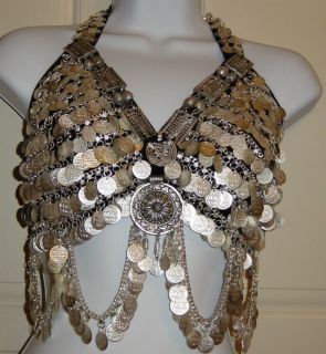 SILVER TONE BRA W/ COINS & MEDALLION TRIBAL BELLY DANCE, C cup, COTTON 