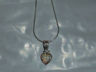 Fire White Opal Heart Shape Pendant Necklace 18 Snake Chain Sterling 