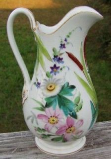 1850s? PITCHER Hand Painted Flowers Relief decor Exlnt Condition 