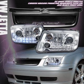 CHROME DRL LED PROJECTOR HEAD LIGHTS+FRONT GRILL GRILLE BLK 99 04 VW 
