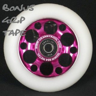 Pink White Drilled Metal Core Scooter Wheel incl ABEC 11 + Grip Tape 
