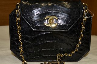 Black Vintage Chanel alligator crocodile gold CC bag Christies 