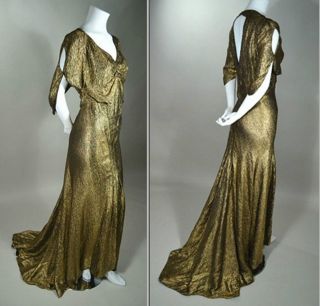 1930s Vintage BIAS Cut METALLIC GOLD LAME Art Deco Evening Gown_Harlow 