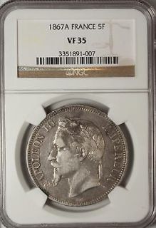 Newly listed France 5 Francs 1867 A NGC VF 35 Silver Napoleon III