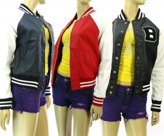 3Colors Womens Varsity Baseball Jacket Faux Leather Outerwears Casual 