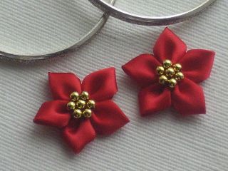 Red & Gold Beaded Cluster Poinsettia Christmas Earrings Posts / Studs 